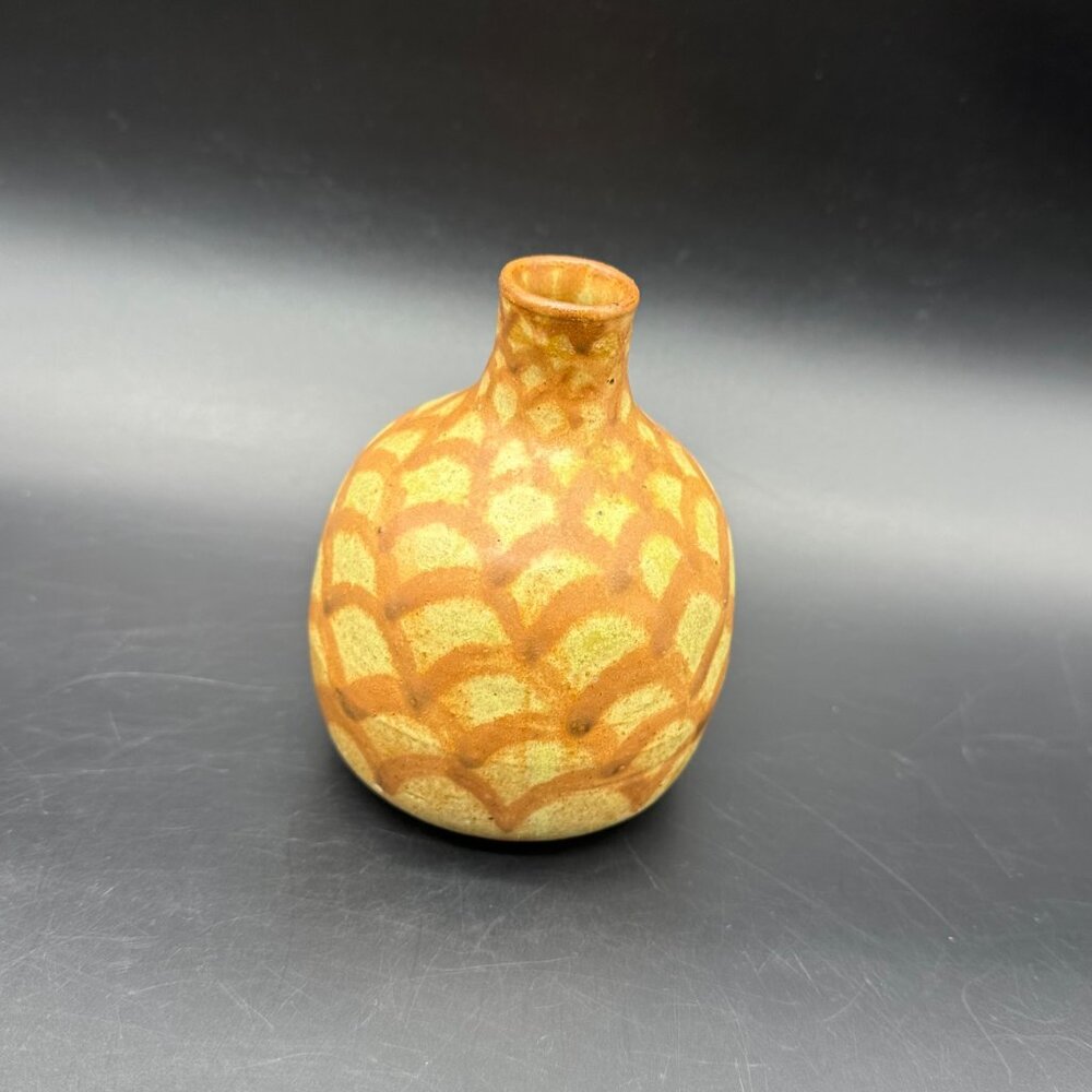 Art Pottery Bud Vase Fish Scale Pineapple Signed Fox Handcrafted Boho Pot Brown
